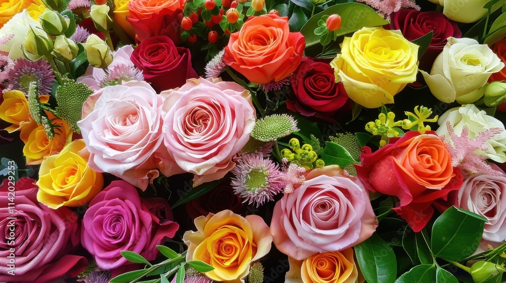 Close-up of a colorful bouquet with mixed roses and flowers, freshly cut and displayed in a flower shop.
Close-up of a colorful bouquet with mixed roses and flowers, freshly cut and displayed in a flower shop.