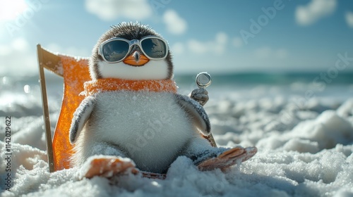 Penguin relaxing on a sunny beach wearing sunglasses and an orange scarf while enjoying a chilly day by the ocean