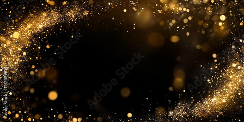 Golden dust and sand on the black background, scattered gold dust, sand effect with glitters and sequins forming a copy space and a frame. Wallpaper and banner.	