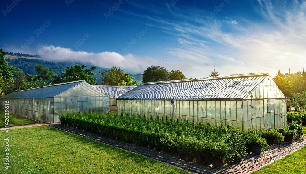 Serene Greenhouse Landscape: Glass Structures and Lush Greenery under a Sunny Sky Serene Greenhouse Landscape: Glass Structures and Lush Greenery under a Sunny Sky