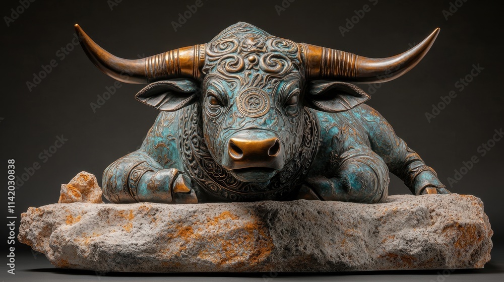 Majestic bronze bull sculpture resting on a rocky base, showcasing intricate details and craftsmanship Majestic bronze bull sculpture resting on a rocky base, showcasing intricate details and craftsmanship