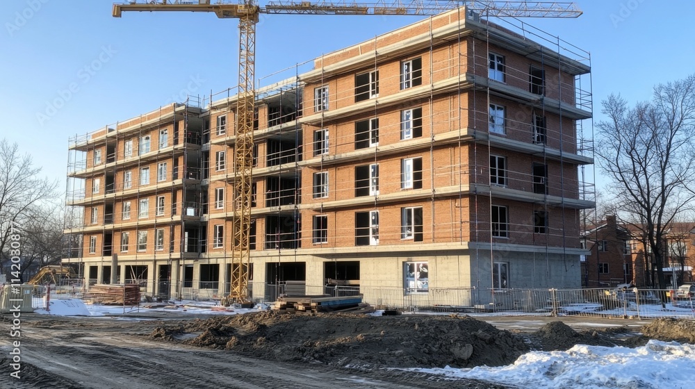 Apartment building under construction with crane and scaffolding Apartment building under construction with crane and scaffolding