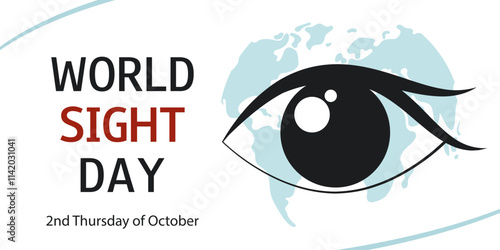 World Sight Day. Horizontal white background with silhouette of eye, world map and text. Template for banner, poster, flyer, medical presentation.