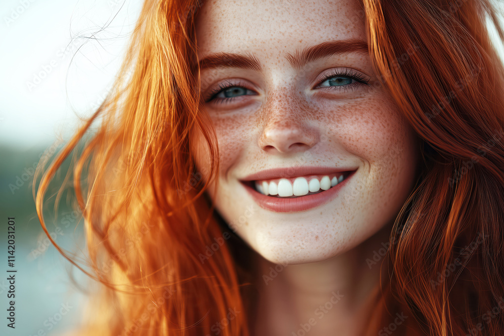 Portrait of smiling red-haired young woman with freckles close-up looking at camera Portrait of smiling red-haired young woman with freckles close-up looking at camera