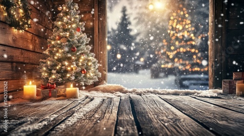 Wallpaper Mural A cozy Christmas scene featuring distressed wooden textures, a rustic wood floor, and a glowing Christmas tree in a snowy indoor setting. Torontodigital.ca