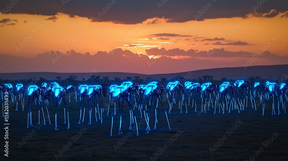 Glowing zebras at sunset in African savanna. Glowing zebras at sunset in African savanna.