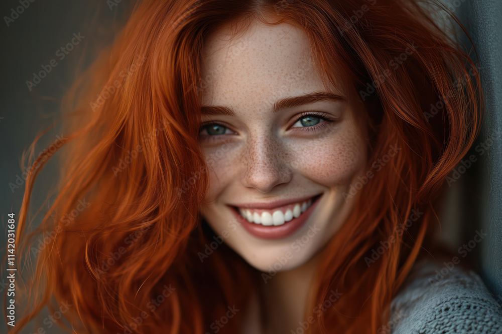 Portrait of smiling red-haired curly young girl with freckles close-up looking at camera. Portrait of smiling red-haired curly young girl with freckles close-up looking at camera.