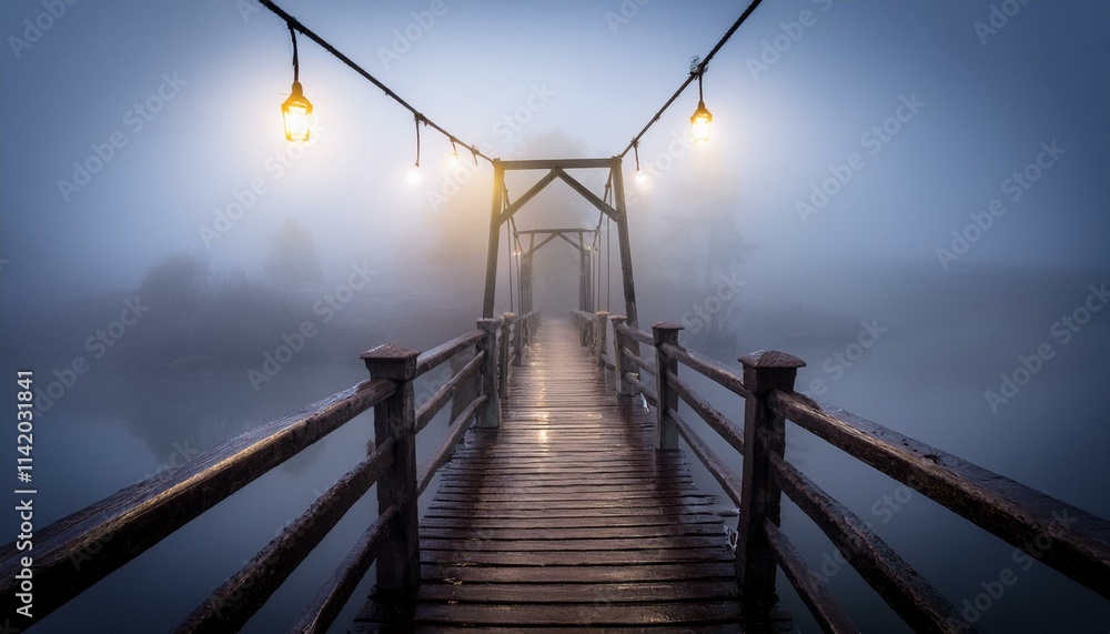 A quiet little bridge visible in the thick fog, with a dim light hanging at its tip A quiet little bridge visible in the thick fog, with a dim light hanging at its tip