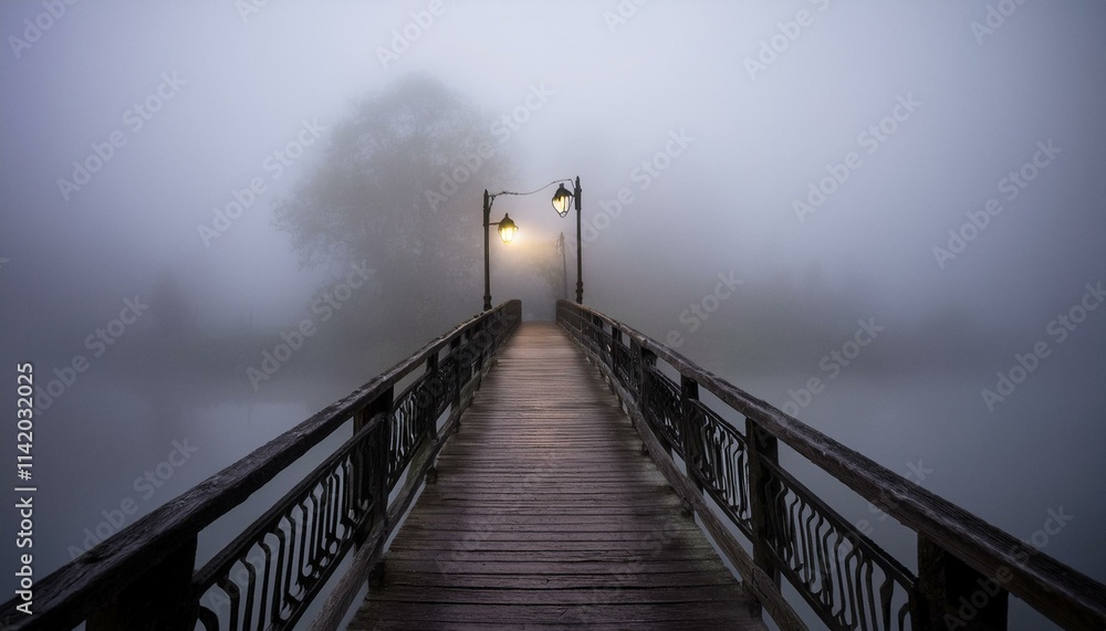 A quiet little bridge visible in the thick fog, with a dim light hanging at its tip A quiet little bridge visible in the thick fog, with a dim light hanging at its tip