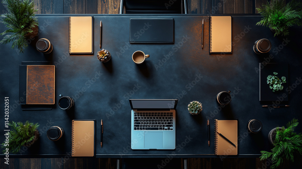 dark stylish meeting table in flat lay coworking space dark stylish meeting table in flat lay coworking space