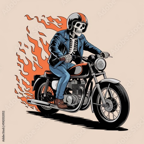 Skeleton Rider on a Flaming Vintage Motorcycle photo