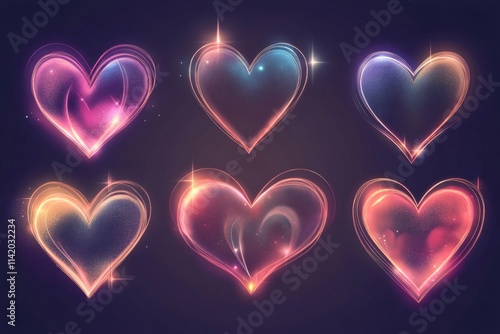 Six colorful, glowing hearts represent love, romance, and valentine's day, adding a touch of magic to designs