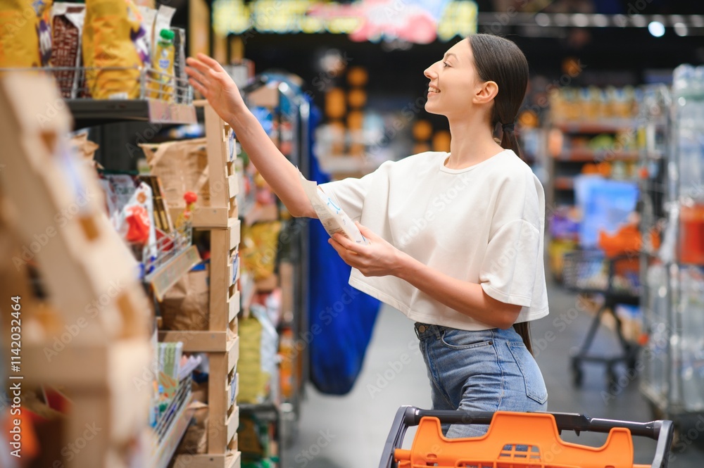 Happy young woman looking at product at grocery store. Smiling woman shopping in supermarket Happy young woman looking at product at grocery store. Smiling woman shopping in supermarket