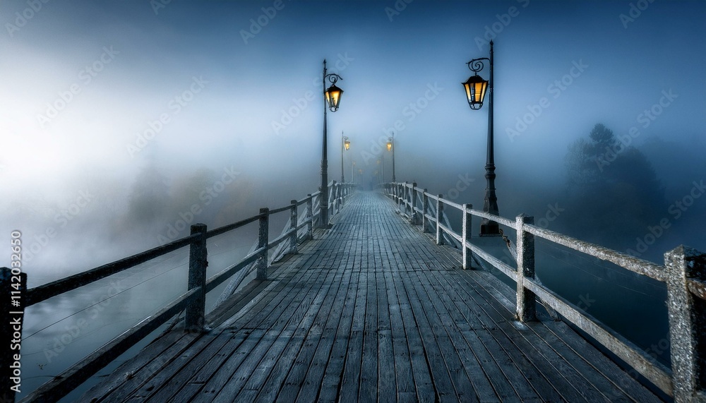 A quiet little bridge visible in the thick fog, with a dim light hanging at its tip A quiet little bridge visible in the thick fog, with a dim light hanging at its tip