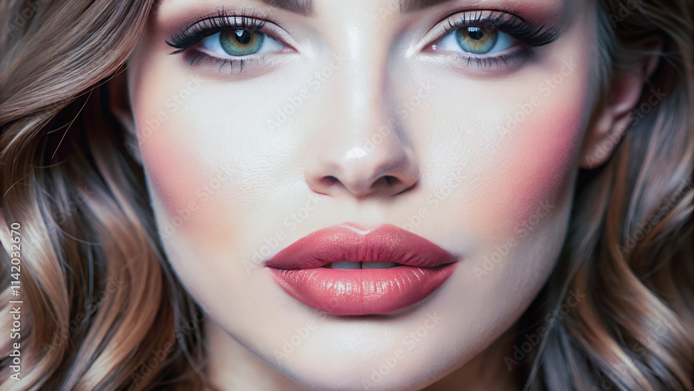 A close-up view of expertly applied makeup, highlighting the model's features.The woman's expressive eyes and full lips are the focal point of the image. A close-up view of expertly applied makeup, highlighting the model's features.The woman's expressive eyes and full lips are the focal point of the image.