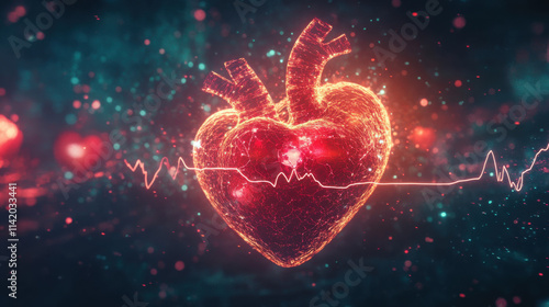 Glowing Heart with Pulse Line in Digital Style Representing Health, Love, and Vitality in a Colorful Abstract Background