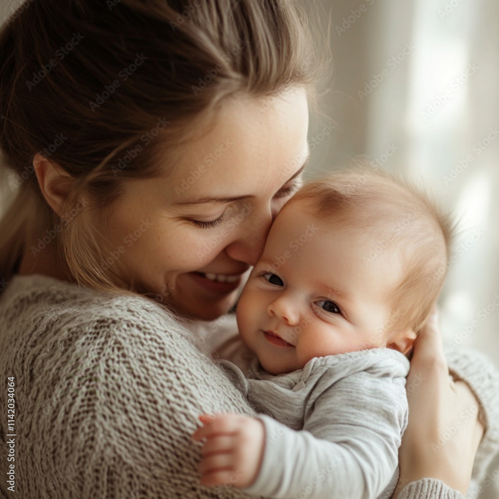Tender happy mother hugging her newborn baby. Family Tender happy mother hugging her newborn baby. Family
