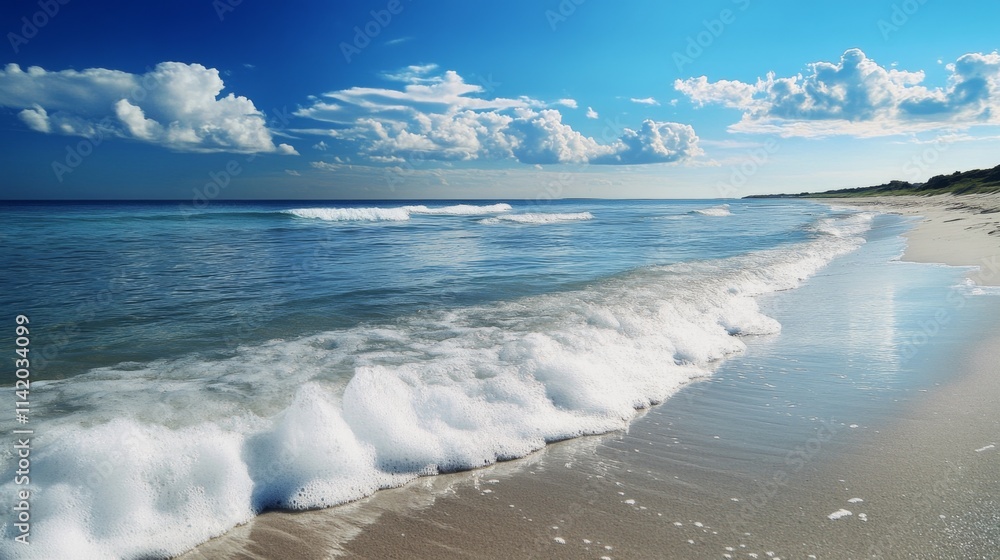 Scenic view of ocean waves crashing on a sandy beach Scenic view of ocean waves crashing on a sandy beach