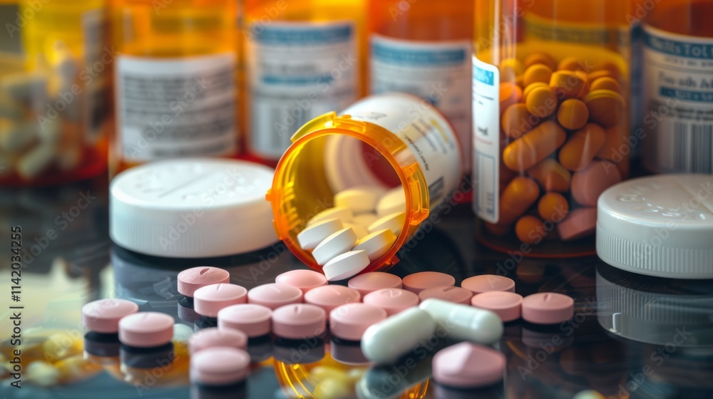 Medicine Bottles and Pills: Indicating pharmaceutical aid. Medicine Bottles and Pills: Indicating pharmaceutical aid.