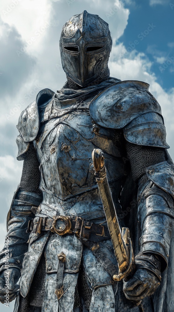 Medieval knight in full armor standing with a sword Medieval knight in full armor standing with a sword