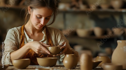 Young woman participating in a pottery workshop, exploring her creativity with clay