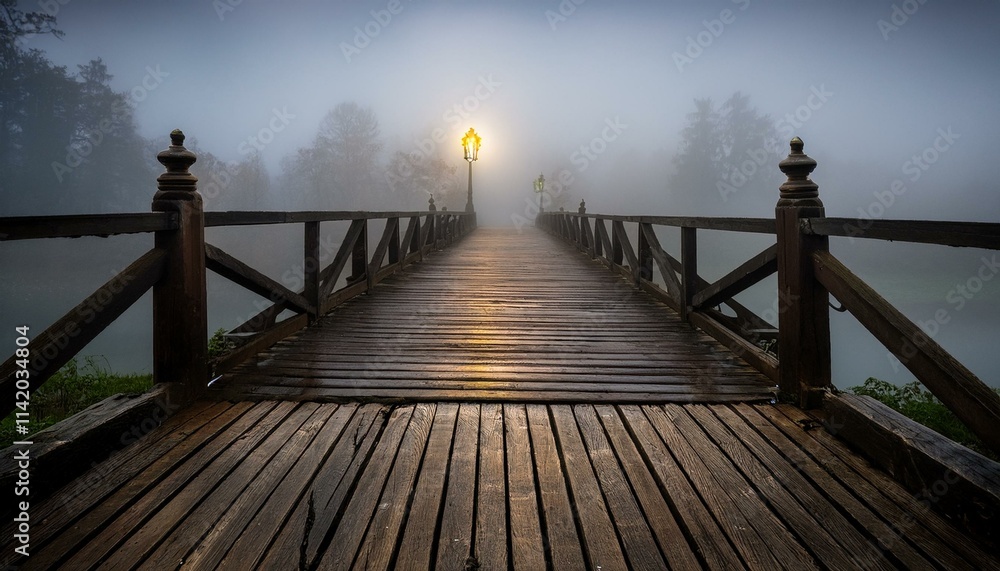 A quiet little bridge visible in the thick fog, with a dim light hanging at its tip A quiet little bridge visible in the thick fog, with a dim light hanging at its tip