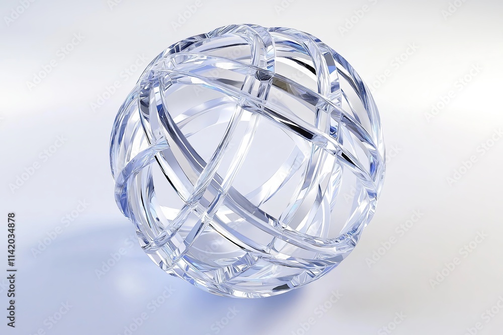 A 3D-rendered sphere made of interwoven glass-like textures against a white backdrop. A 3D-rendered sphere made of interwoven glass-like textures against a white backdrop.