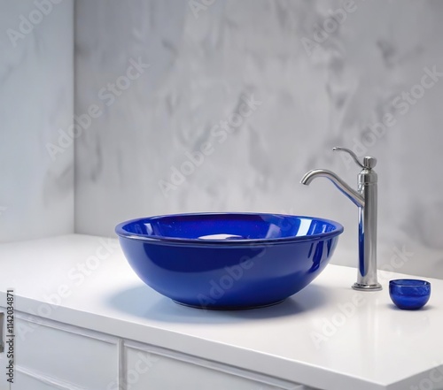 Basin with blue enamel basin on white background, home decor, enameled ware photo