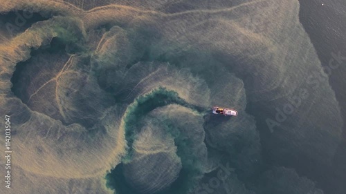 Drone image of the researching ship looking for fish in the blurred sea after rain and storm. photo