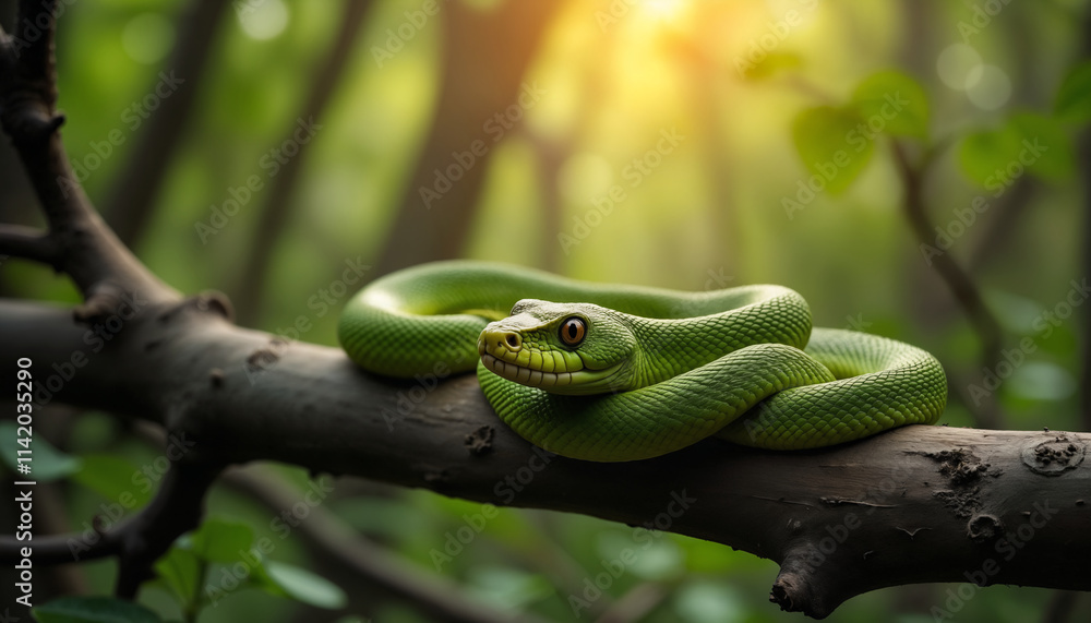 Naklejka premium Green Snake Relaxing on a Branch in Lush Forest