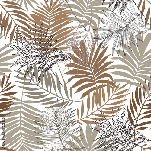 Tropical leaves seamless pattern. Summer tropics leaf background. Hand drawn halftone silhouettes, line art, sketches. Vector art illustration for floral prints, wallpaper, textile, fabric design