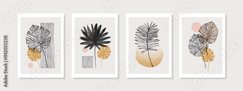 Abstract geometric shapes poster set in 1950s mid century style. Modern illustration: tropical palm leaf, geometry elements for minimal print, poster, boho wall decor, flat design Vector minimal art