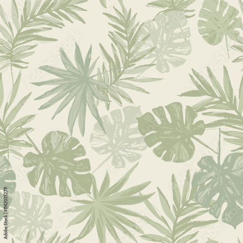 Abstract tropical foliage background in pastel olive green colors. Palm leaves in line art, grunge silhouette seamless pattern. Vector tropics illustration for swimwear design, wallpaper, textile