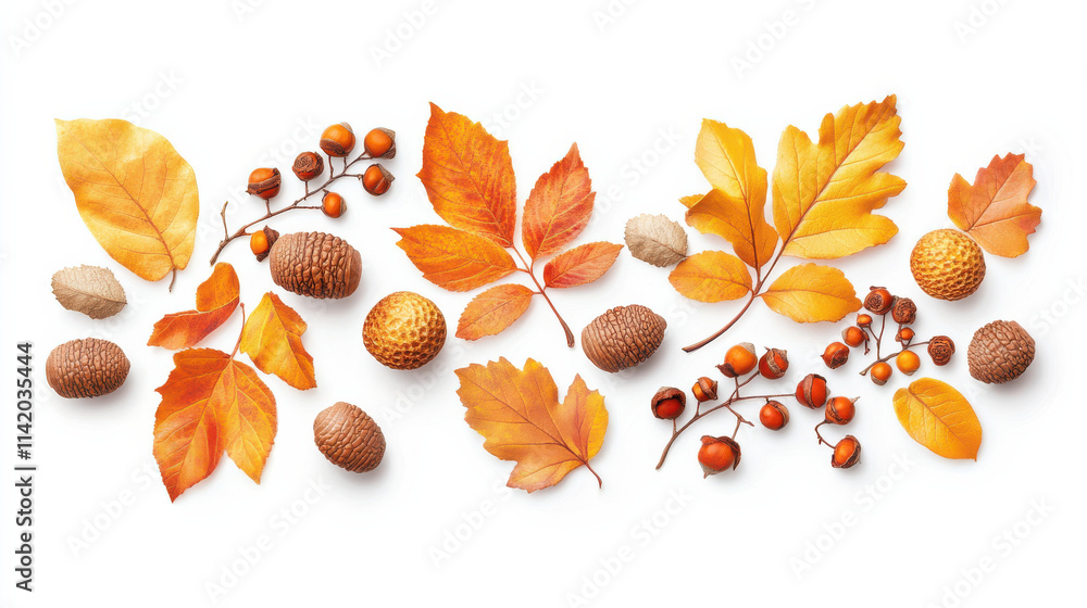 Fototapeta premium Vibrant golden autumn leaves, burnt orange berries, and textured acorns arranged in a cozy seasonal graphic. Simple white background, perfectly separated with defined edges, rich warm tones, stylized 