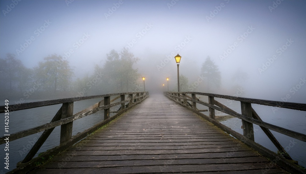 A quiet little bridge visible in the thick fog, with a dim light hanging at its tip A quiet little bridge visible in the thick fog, with a dim light hanging at its tip
