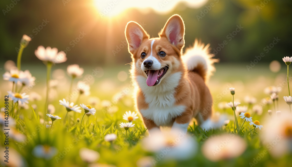 Happy Corgi in a Flower Field During Sunset Happy Corgi in a Flower Field During Sunset