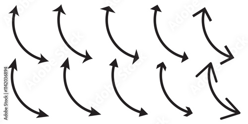 Dual sided curved arc arrow shape. Double ended arrow illustration. Horizontal dual sided long straight arrow signs. Black, red, stock pointer, direction, position symbol and double arrow icon .