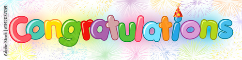 Holiday congratulating banner. Horizontal design. Party decoration. Online button. Decorative concept. Editable vector template. Festival decor. Colourful background with bluring spots and fireworks.