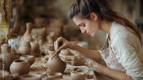 Young woman sculpting clay in a pottery class, focusing on traditional ceramic methods