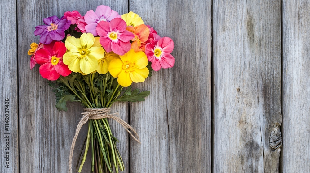 A bouquet of colorful primrose flowers tied with twine, resting against a rustic wooden fence A bouquet of colorful primrose flowers tied with twine, resting against a rustic wooden fence