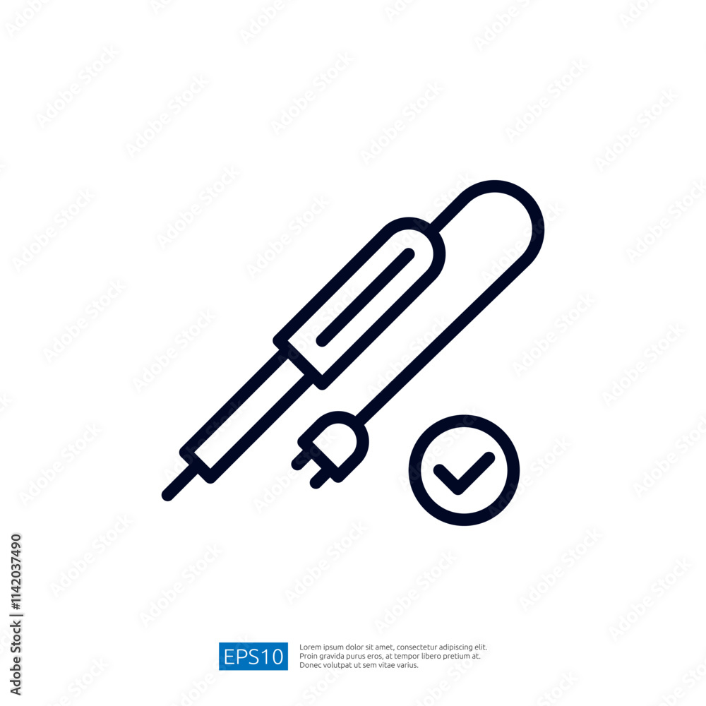 This image features a simple line drawing of a device with a plug, indicating it's an electrical tool or appliance, accompanied by a checkmark symbol for approval. This image features a simple line drawing of a device with a plug, indicating it's an electrical tool or appliance, accompanied by a checkmark symbol for approval.
