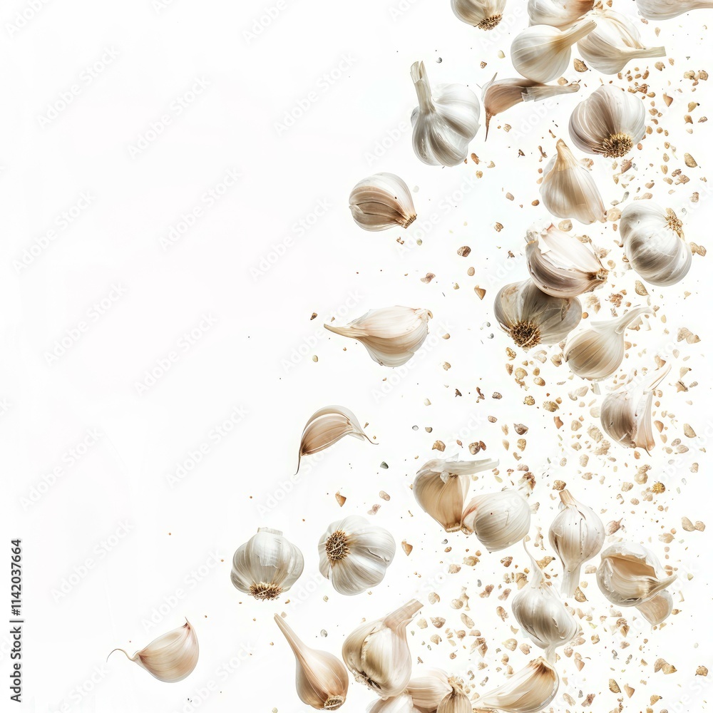 Garlic cloves and pieces flying on white background, perfect for healthy food publications, recipes, visuals or any other creative project Garlic cloves and pieces flying on white background, perfect for healthy food publications, recipes, visuals or any other creative project