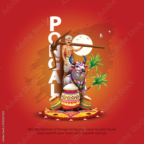 Tamil Nadu festival Happy Pongal with Pongal props, holiday Background, Pongal celebration greeting card, abstract vector illustration design.