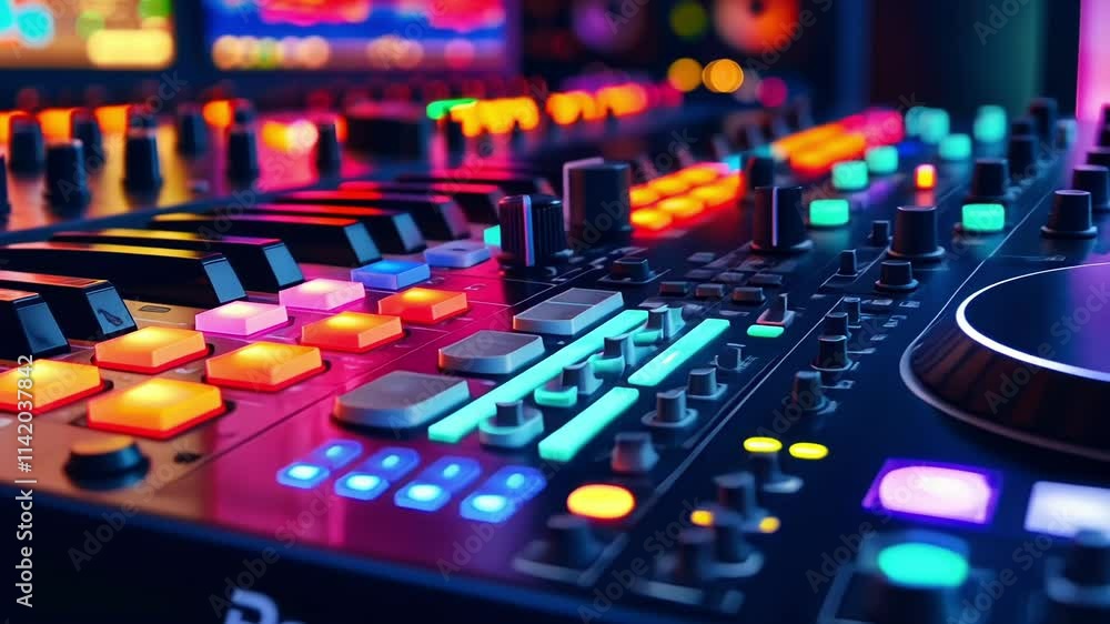 Close up view of a professional audio mixer featuring illuminated controls and keys, creating a vibrant atmosphere in a recording studio setting, ideal for music production and sound engineering Close up view of a professional audio mixer featuring illuminated controls and keys, creating a vibrant atmosphere in a recording studio setting, ideal for music production and sound engineering