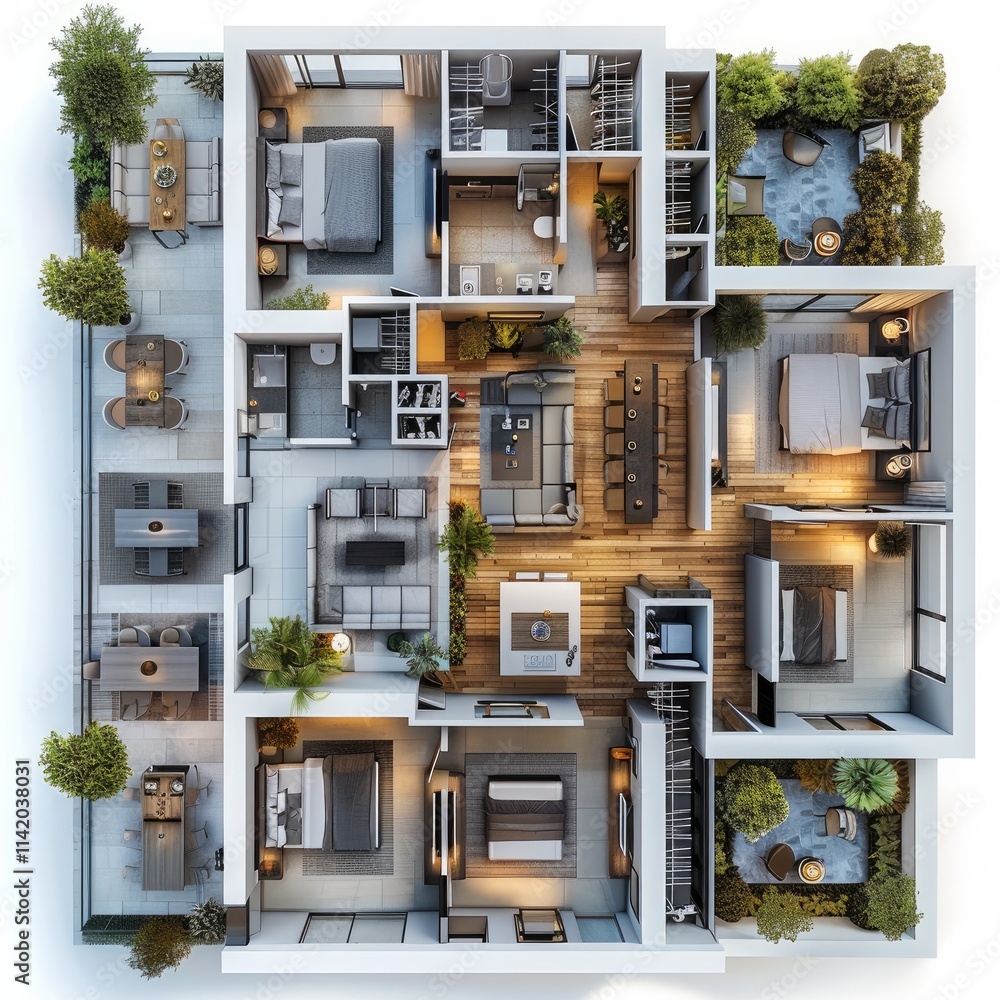 2d architectural floor plan, 5 apartment buildings, in the city, modern style, top view. 2d architectural floor plan, 5 apartment buildings, in the city, modern style, top view.