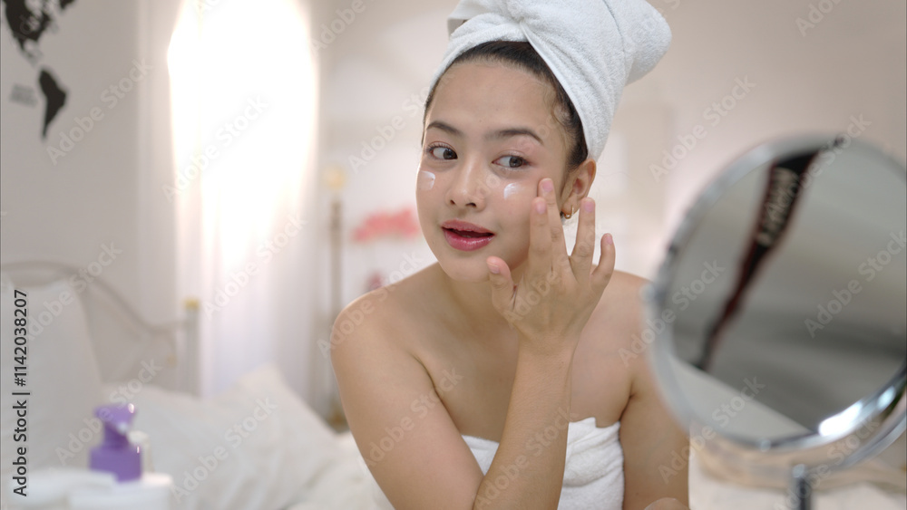 Asian young woman with towel wrapped on head and body applying makeup after shower, Morning beauty routine before work Asian young woman with towel wrapped on head and body applying makeup after shower, Morning beauty routine before work
