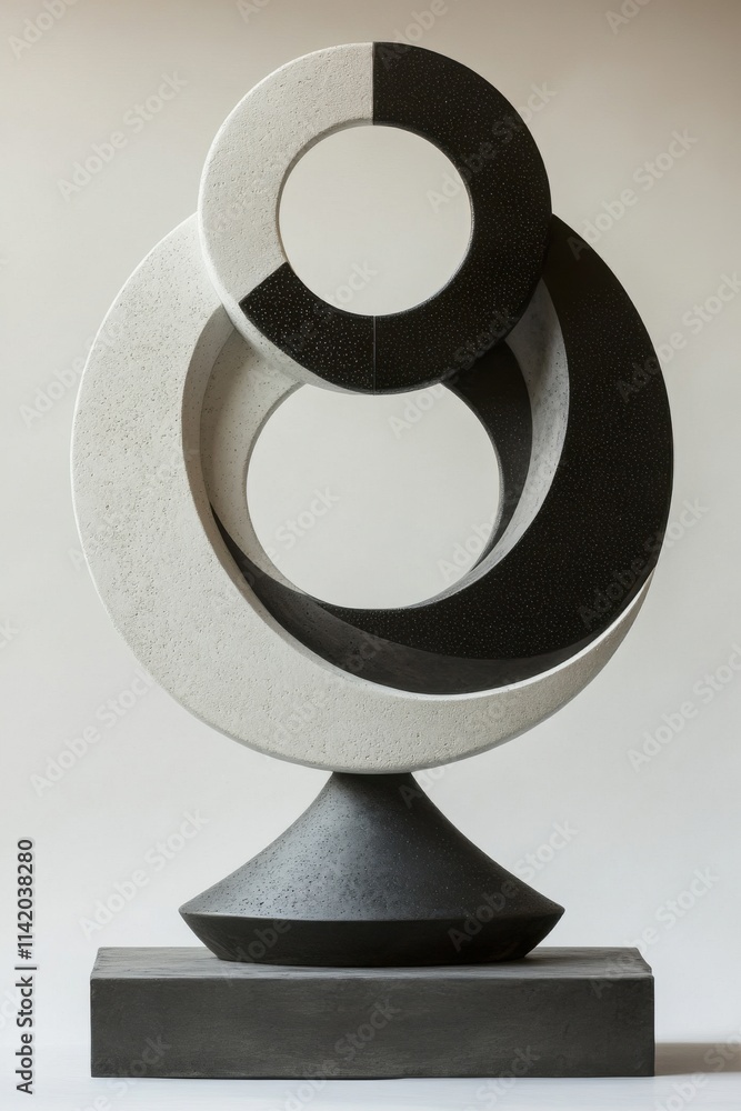Abstract black and white sculpture with circular and geometric forms, showcasing a modern artistic design. Abstract black and white sculpture with circular and geometric forms, showcasing a modern artistic design.