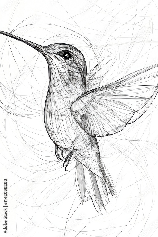 Naklejka premium Intricate line art of a hummingbird in flight, showcasing elegant wings and a slender beak.