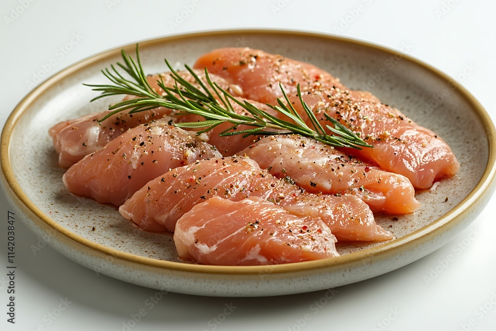 Raw slice of meat with spices and rosemary on wooden background. Selective focus. Raw slice of meat with spices and rosemary on wooden background. Selective focus.