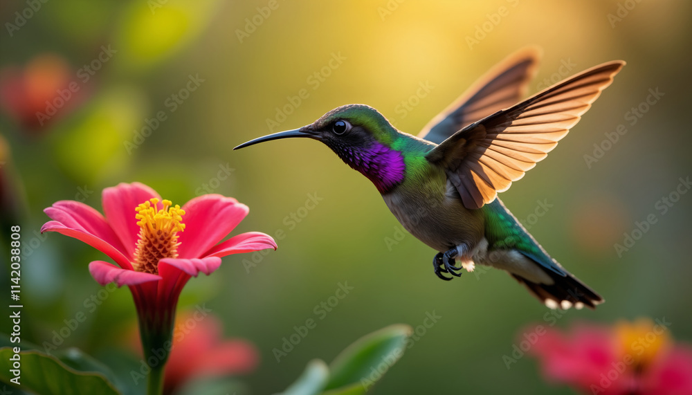 Naklejka premium Hummingbird Hovering Near Colorful Flower